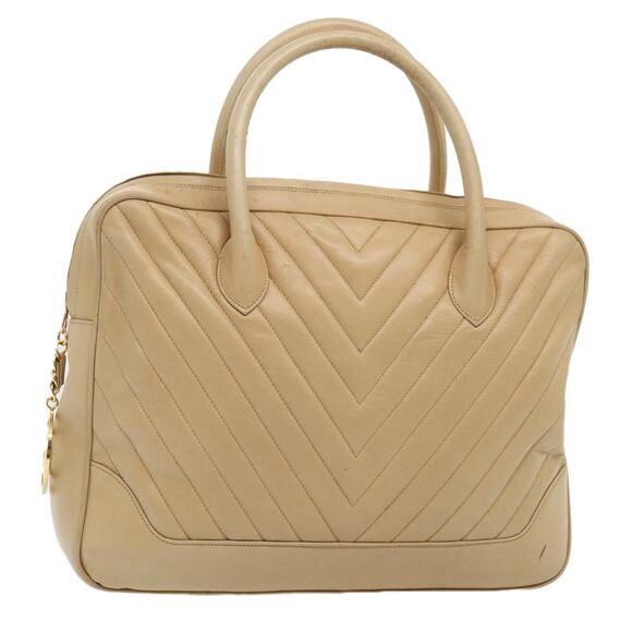CHANEL V Stitch Hand Bag Leather Beige Gold CC - Picture 1 of 16